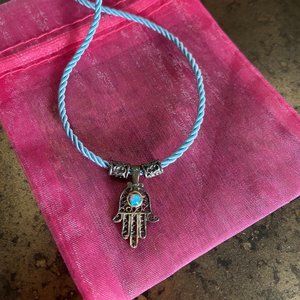 Silver Hamsa Necklace on Light Blue Rope